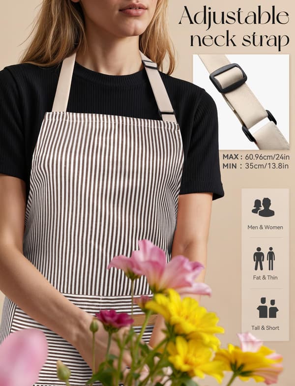 2-pack justerbart haklappsförkläde med 2 stora fickor, mjukt andningsbart polybomullsförkläde för vuxna brown、black