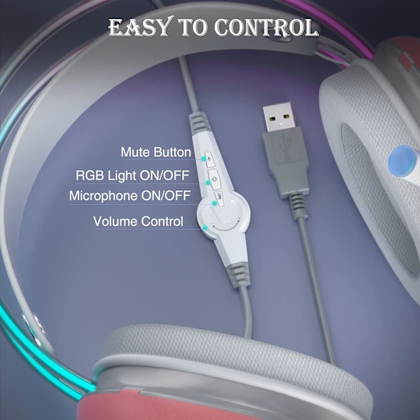 USB-spillsett for PC med mikrofon, RGB-regnbuebakgrunnsbelyst hodetelefon, virtuell 7.1-surroundlyd, 50 mm driver, myke minneskumøreklokker, Wi