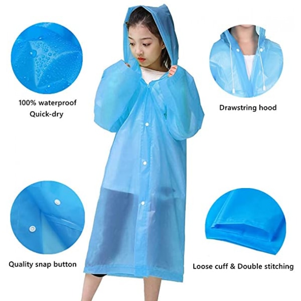 Kids Rain Poncho 2-pack, återanvändbar regnjacka regnjackor för 6-14 flickor pojkar, 2 blå