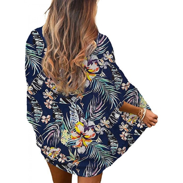 Blommigt print ärm för damer Kimono Cardigan Loose Cover Up Casual blus Toppar --- Marinblå （Storlek XL）