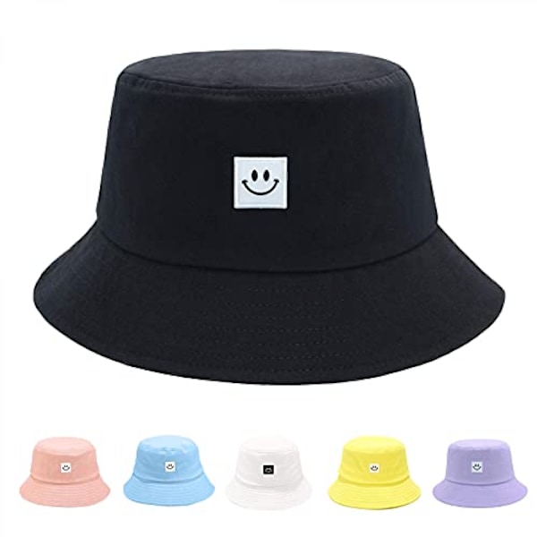 Solhatt for barn med smilende ansikt, bøttehatt for jenter og gutter, sommer solbeskyttelse bomull unisex strandlue---svart