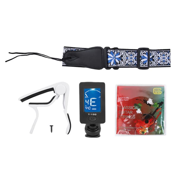Klassisk gitarr C102 sträng + T-100 stämapparat + vit zinklegerings capo + blå broderad gitarrrem set