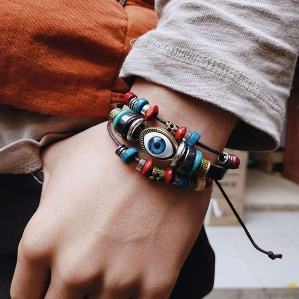 Läder handvävt lädersnöre armband charm turkiskt blå ögonglas etnisk stil armband