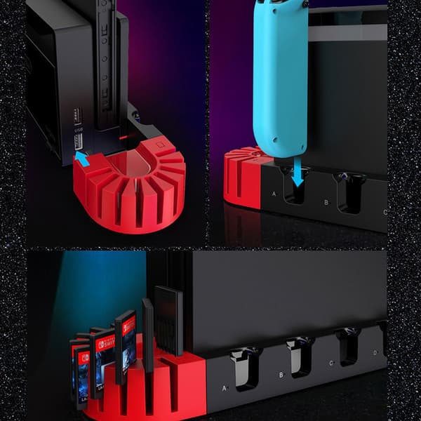 Oplader til Nintendo Switch med 4 porte til Joycons, Controller, Gamepad, Ladestation, Dock Station, Holder til Switch-konsol, Oplader, 9 spil slots
