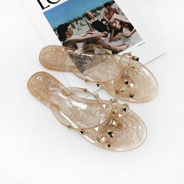 Dam Studded Jelly Flip Flops Sandaler med Rosett  Tofflor Flip Flops för Sommar ------ Transparent Guld （Storlek 41）