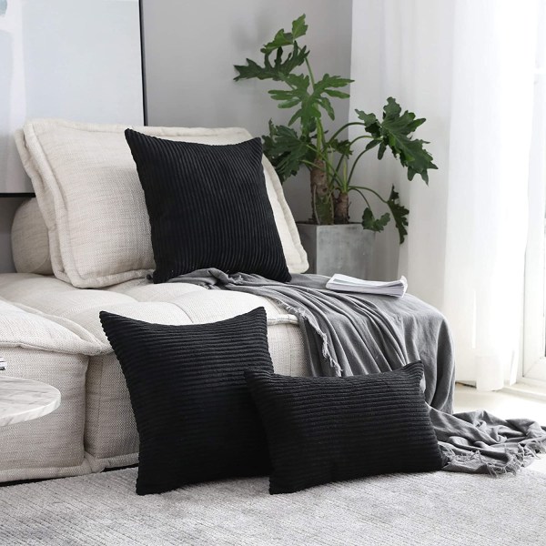 Dekorative stribede fløjlsbetræk i fløjl til firkantede puder til seng, supersoft dekorative pudebetræk, sort, sæt med 2, 18 tommer, 45x45cm
