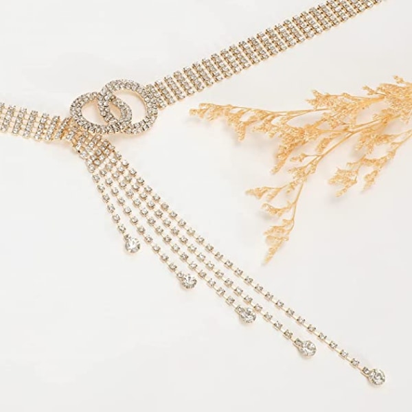 Dam Strassbälte Silver Glänsande Diamant Mode Kristall Damer Dubbel O-ring midjebälte för jeansklänningar från AVEKI, 4-guld, 47 tum
