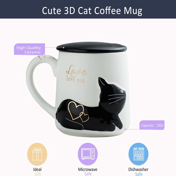 Söt kattkopp Keramisk kaffemuggset med lock sked, Födelsedagspresent Idé för kattälskare Mugg 400ML(Svart-Vit)
