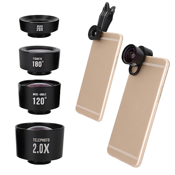 4-i-1 bärbar fisheye + vidvinkel + makro + telekonverterlins kit med klämma för mobiltelefon