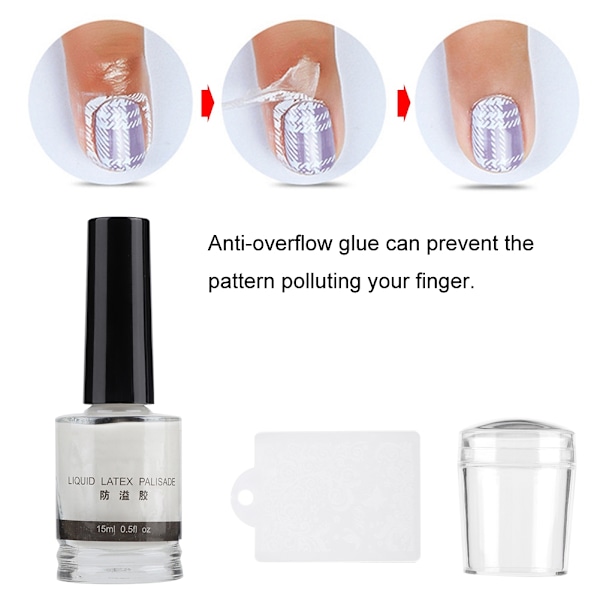 Stempel for negl + skrapeplate + anti-overflow lim (15 ml) - sett med verktøy for neglkunst