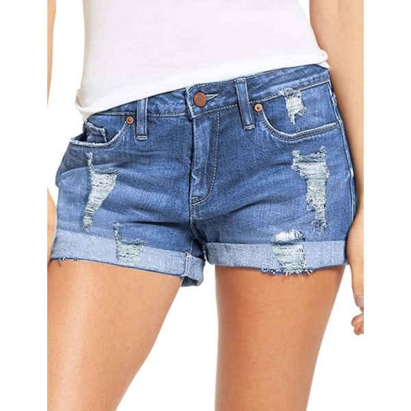 Dame Ripped Denim Jean Shorts  Stretchy Folded Hem Short Jeans --- Lyseblå （Størrelse XXL）