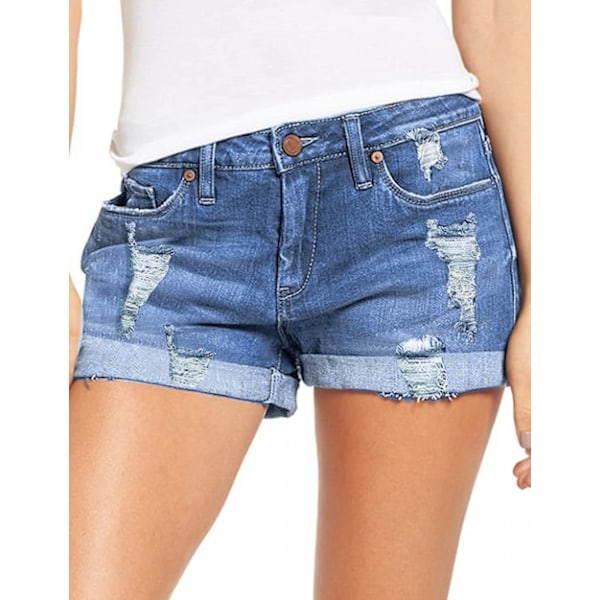 Kvinnors Ripped Denim Jean Shorts  Stretchy Vikta Fåll Korta Jeans --- Ljusblå （Storlek XXL）