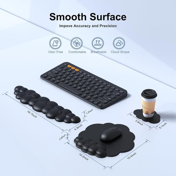 Ergonomisk sort håndledsstøttesæt - Sky-musemåtte med håndledsstøtte og tastaturhåndledsstøtte til computer/bærbar computer - Komfortabel gaming & black