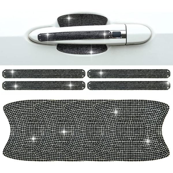 8 st Rhinestone-klistermärken för bildörrhandtag, universella kristallglitter-dörrhandtagsskydd, klistermärken för bilar, reptåliga, reflekterande, svarta