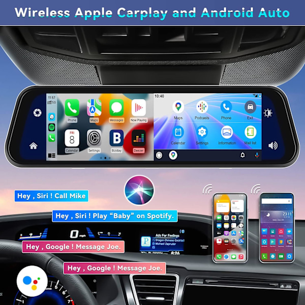 Speil Dash Cam med trådløs Apple CarPlay Android Auto, 1080P Front og bakre Dual Dash Cam for biler, lastebiler, 9,66 '' IPS Touchscree