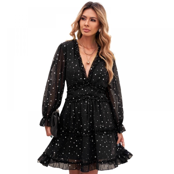 Women's Dress Deep V Neck Long Sleeve Elastic Waist Ruffle Lightweight Slim Floral Print Midi Sexy Swing Dress Striped Dress(Black S)