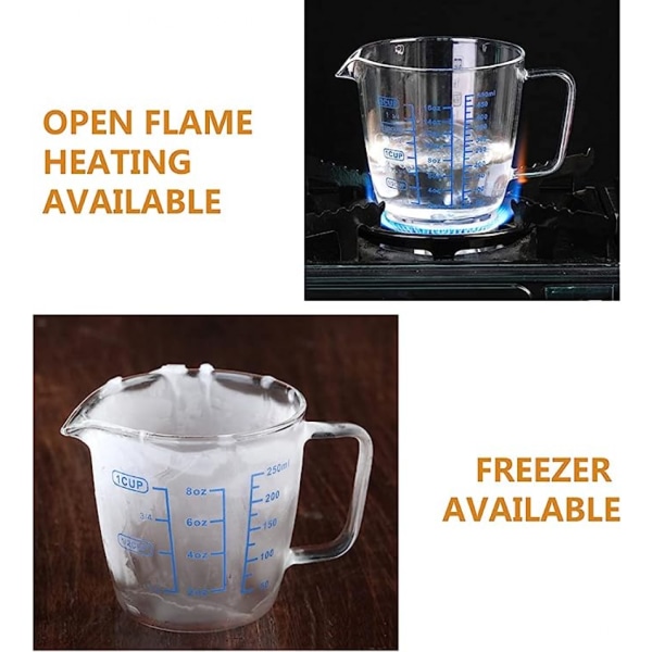 250 ml/8 oz varmebestandig glassmålebeger med skala for laboratorium, barnas melkeproduksjon, kjøkkenmatlaging osv.