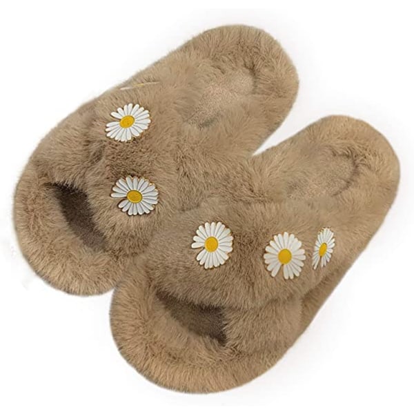 Women's Cute Fuzzy Plush Furry Slippers Open Toe Fleece Slip on Slipper Non Slip House Shoes Slides Indoor Outdoor（Cross Band Khaki）