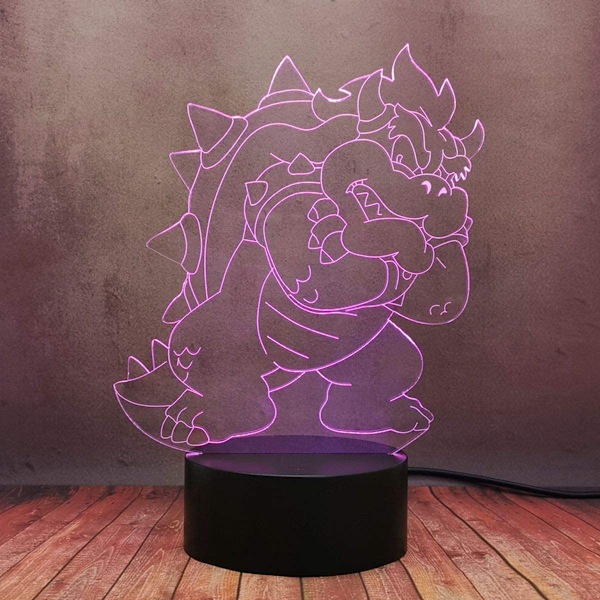 Super Mario Spill-Lampe med 3D-Illusjon, Nattlys Bowser Stor Djevel LED Berøringslampe, 16 Fargeendringer Bordlampe med Fjernkontroll