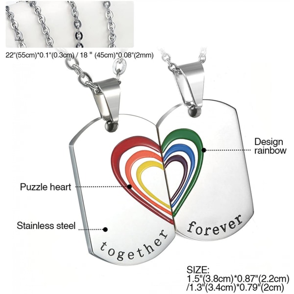 AVEKI 2PCS Par Halskjede Rustfritt Stål Regnbue Hjerte Matchende Hundemerke Anheng Kjede, Par Halskjede