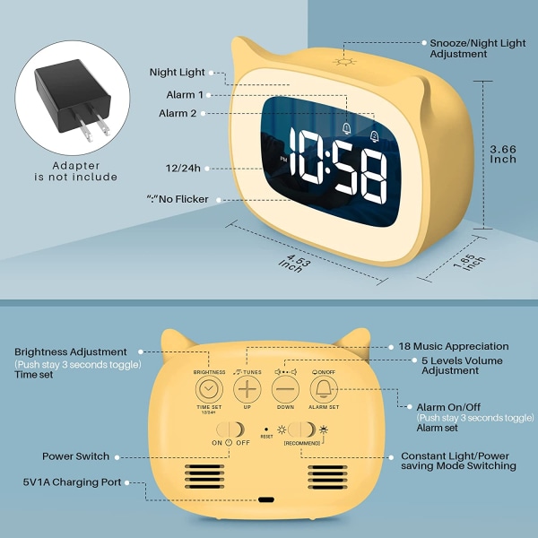 Barnealarmklokke med nattlys Trinnløs dimming, søt katteøre digital klokke for gutter og jenter, 5 minutters alarm