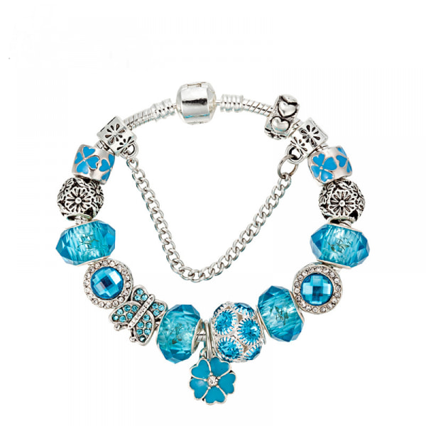 Kvinnors berlockarmband, blomsterhänge Blå fjäril med pärlor ormbenskedja, passar de flesta handleder, bästa semesterpresenten för kvinnor (storlek: 17 cm)