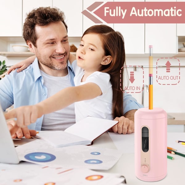 Elektrisk pennvässare, helautomatisk pennvässare, automatisk in & ut, uppladdningsbar handsfree-pennvässare för 6,9-12 mm, H pink