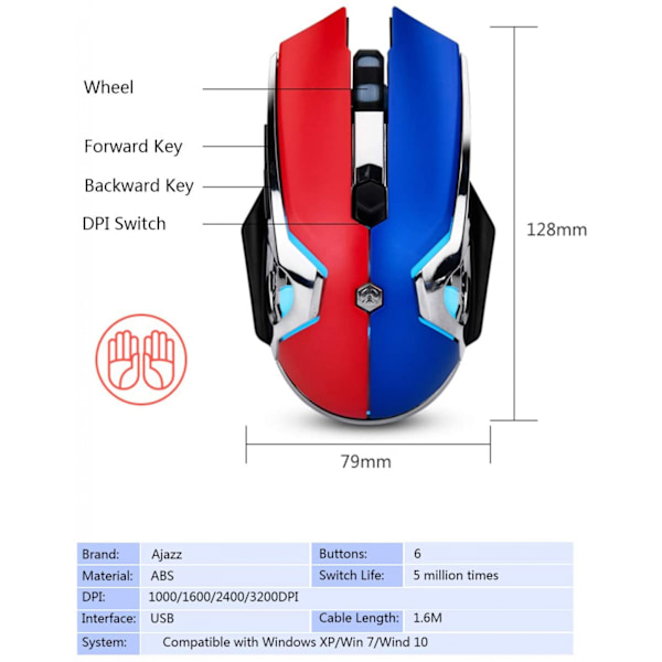 AJ120 Fare USB Kablolu Oyun Faresi 6 Düğme Özel Makro Programlanabilir Ev Ofis için 3200 DPI Fare Mavi Siyah