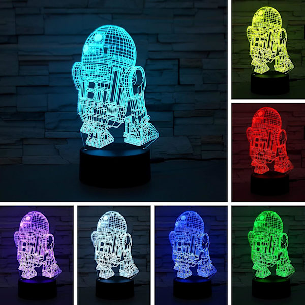 WJ R2-D2 3D nattlampa med touch-kontroll - 7 färger automatisk gradient nattlampa, akryl och ABS bas optisk illusion nattlampa Stjärnornas krig