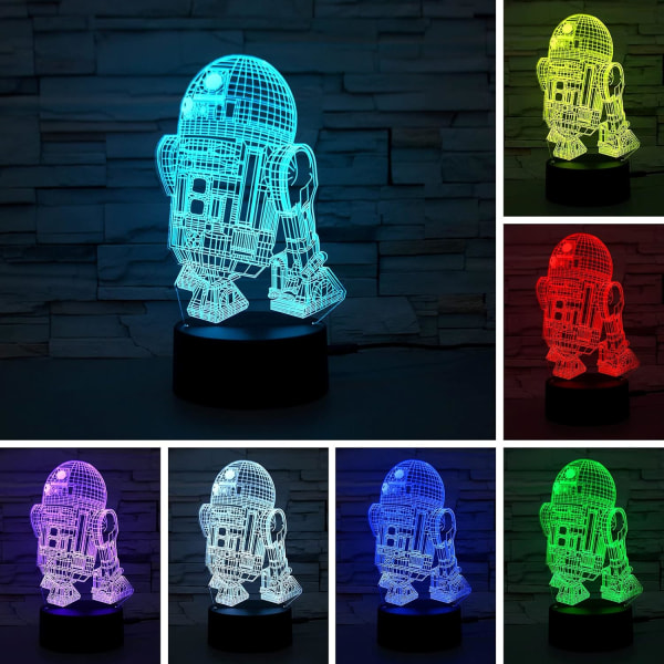 WJ R2-D2 3D-nattlampa med touchkontroll - nattlampa med automatisk gradient i 7 färger, bas i akryl och ABS, nattlampa med optisk illusion Stjärnornas krig