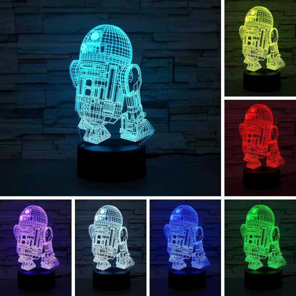 WJ R2-D2 3D nattlampe med berøringskontroll - 7 farger automatisk gradient nattlys, akryl og ABS-base optisk illusjonsnattlys Stjärnornas krig