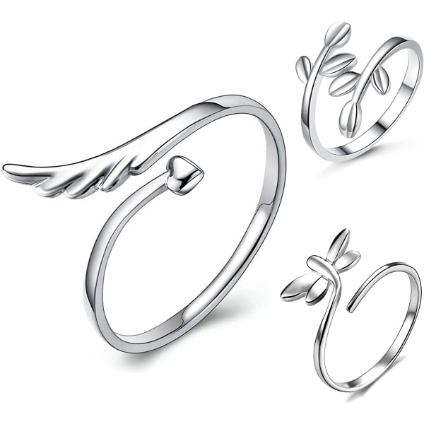 Lauhonmin 3st S925 Sterling Silver Öppna Ringar Set Finger Ring Smycken Presenter för kvinnor Flickor Justerbar