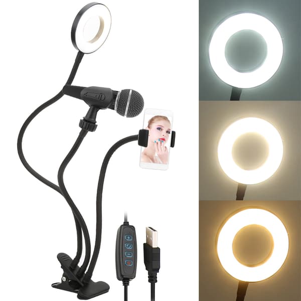 USB LED Ring Fill Light Lampe med Telefonholder Mikrofonclips til Live Streaming