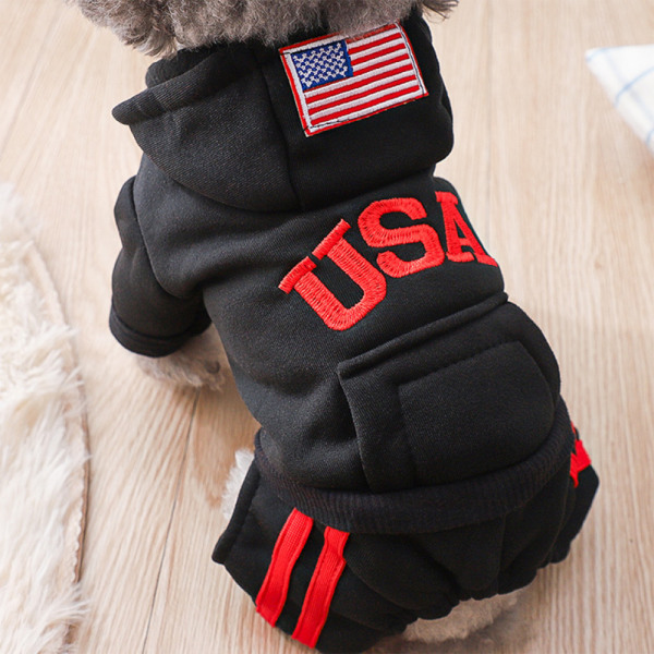 Hundkläder Vinter Liten Hund Fyrbenta Kläder Teddy Bull Bichon Med Huva USA Tide Kläder(Svart,L)