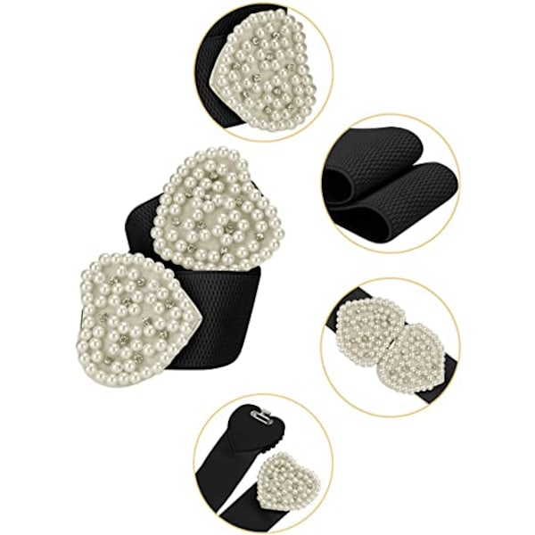 Hjerteformet design imiteret perle rhinestone dekor bælter til kvinder elastisk, bomuld, sort