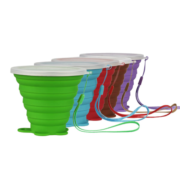 Hopfällbar reskopp i silikon - Hopfällbar campingmugg i silikon med lock - Expanderbar drickskoppset - Bärbar, graderad [9,2oz] (Blå)