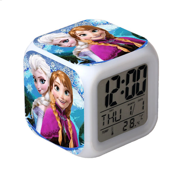 Fryst Färgglad Glödande LED-väckarklocka Anime Cartoon Barn Kvadratisk Klocka Digital Väckarklocka med Tid, Temperatur, Alarm, Datum