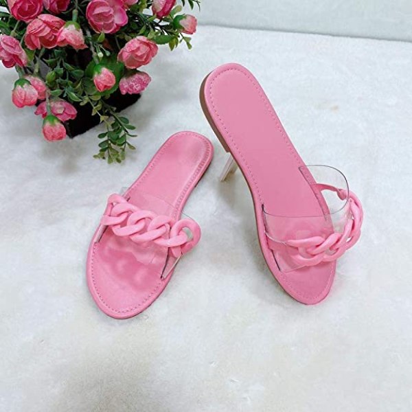 Dam Sandaler Strand Öppen Tå Platt Tofflor Transparent  Mode Färgglad Kedja Klar Slide Flip Flops Slip on Utomhus Strand ----- Rosa （Storlek 39）