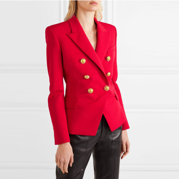 Europeisk och amerikansk damjacka höst och vinter 2021 liten kostym houndstooth-kostym mode kort dubbelknäppt jacka (röd)