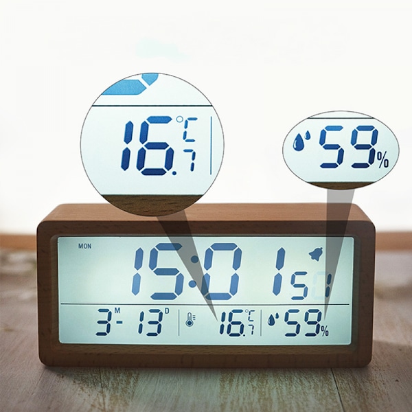 Digital väckarklocka i trä, kalender, temperatur- och luftfuktighetsskärm, 12/24 timmar, Celsius eller Fahrenheit-växling - brun