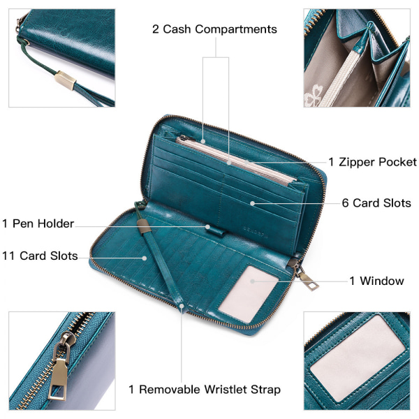 Damplånbok RFID-blockerande läderplånbok med dragkedja Koppling Handledsrem Resor Lång plånbok, Rfid-plånbok (påfågelblå)