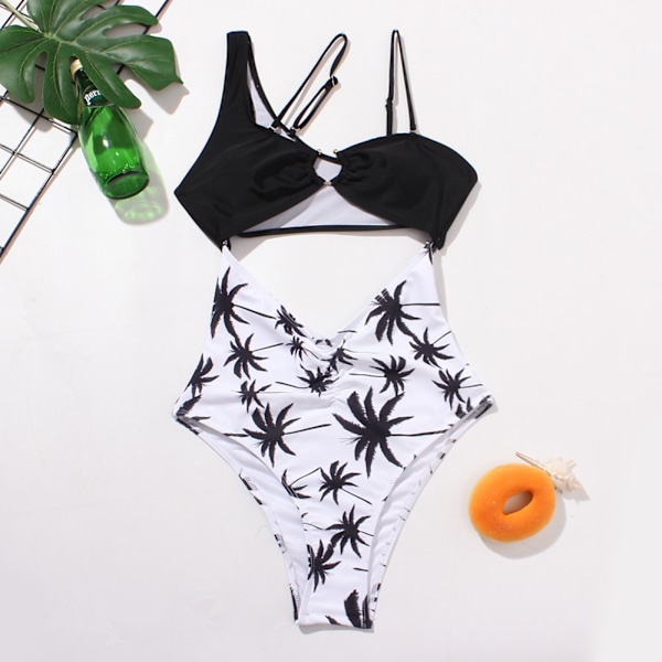 Dame En Skulder Udskæring Rynket Ryg Høj Skæring Monokini En Del Badetøj, Sort Kokosnød, XL