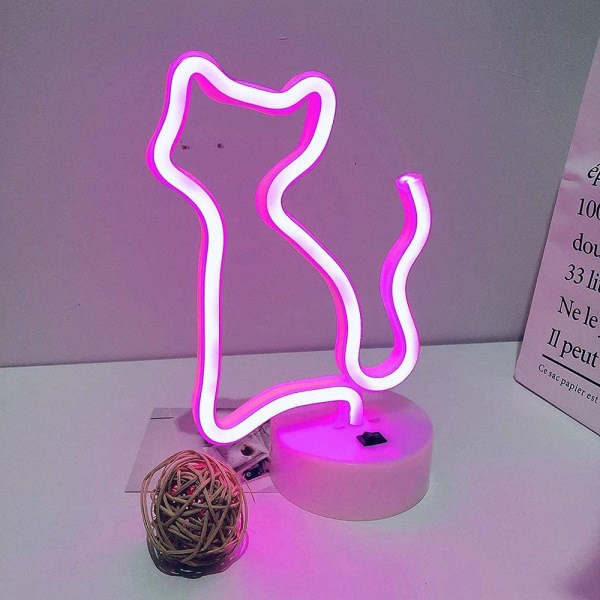 LED Neon Skilte til Vægskilt, Kattenatlys Lamper Kunst Dekoration, USB eller Batteridrevet, Sengelamper Bordlampe (Pink)