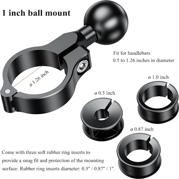 Aluminiumlegering 1 tommers kulefeste, passer til styrer med diameter 0,5'' til 1,26'', styrekulefeste kompatibelt med RAM Mounts 1 tommers kulekontakt