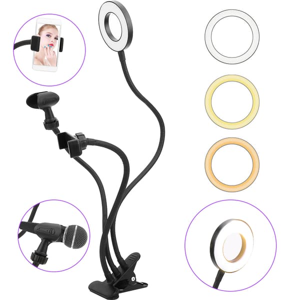 USB LED ringfylllys med telefonholder og mikrofonklips for direktesending