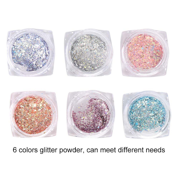 6 färger nagelkonst glitterpulver nagel DIY dekoration paljetter manikyrverktyg med borste