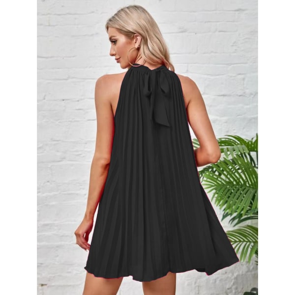 Damer, casual , knytband, grimma klänning, mini swing plisserad A-linje lös klänning (svart M)