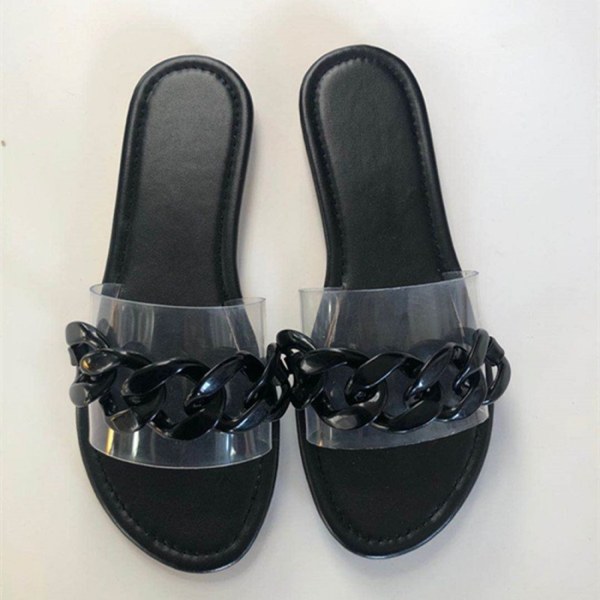 Kvinnersandaler Strand Åpen Tå Flate Tøfler Transparent  Mote Fargerik Kjede Klar Slide Flip Flops Slip on Utendørs Strand ----- Svart （Størrelse 40）