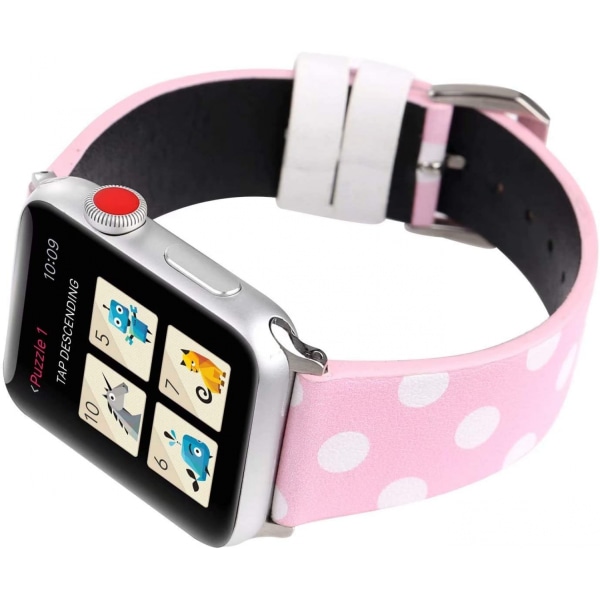 Kvinde Piger Søde Polka Dot Læderrem Kompatibel med Apple Watch Serie 6/SE/5/4 40mm og Serie 3/2/1 38mm - Pink med Hvid, 42/44 mm