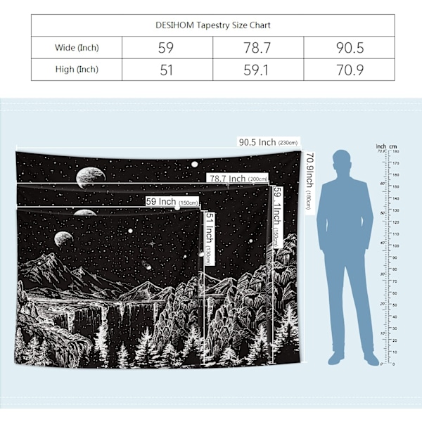 Wekity Starry Night Tapestry Mountain Tapestry Moon and Stars Tapestry Black and White Wall Tapestry  - 70.9x90.5 Inch